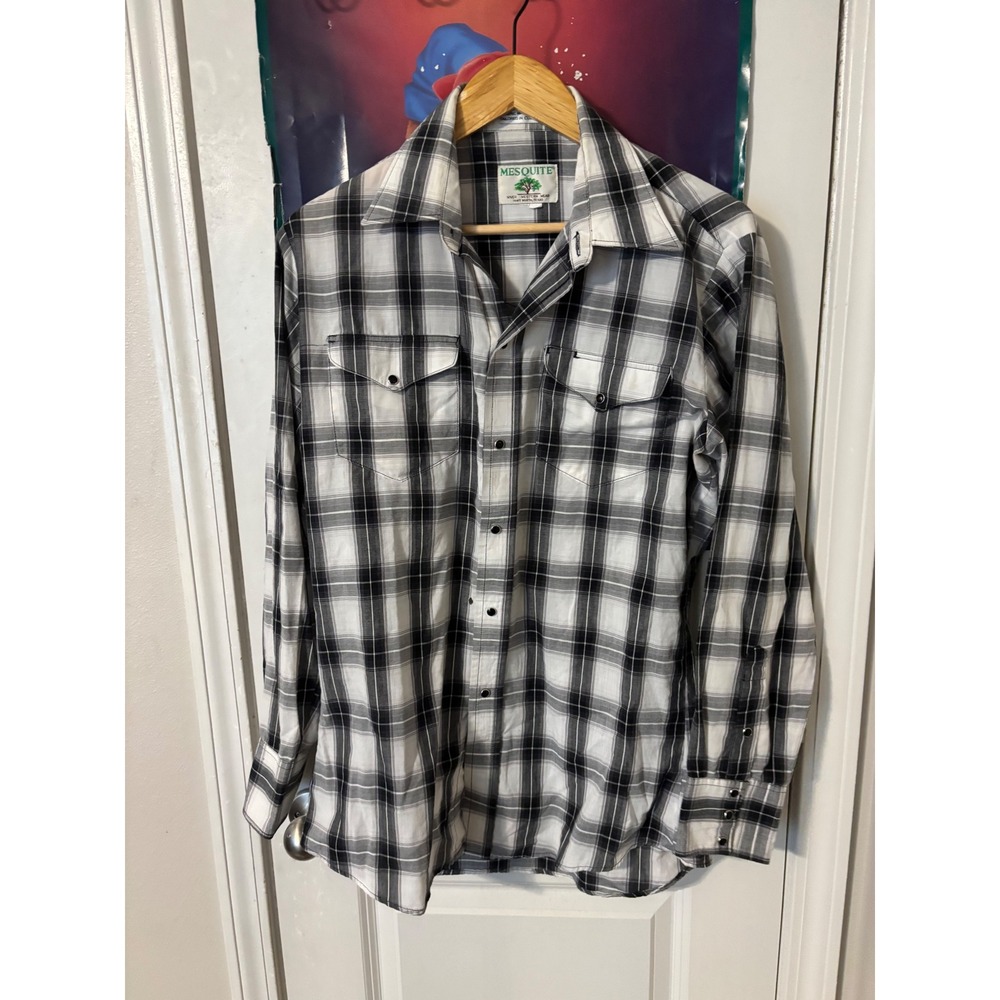 Mesquite Niver Western Wear Pearl Snap Shirt Black White Plaid Long Sleeve Mens
